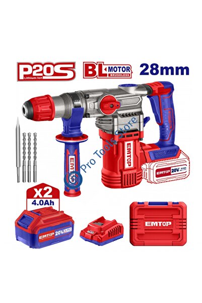 EMTOP Rotary Hammer with 2 x 4.0Ah Batteries, Brushless Motor, 28mm, 4.5 J, 3...