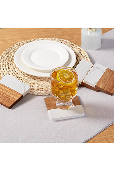 SanDonna Set of 2 square white glass coasters, made of marble and wood