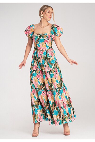 Figl Dress with square neckline and elastic waist - Pink dress M1188 size L/XL