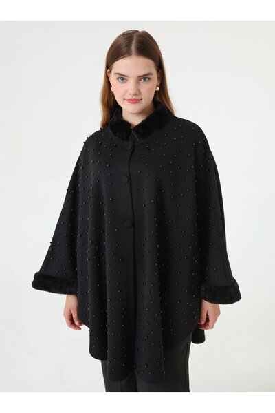 ALİA Pearl Cape Poncho with Fur Detail on Sleeves and Collar - Black -