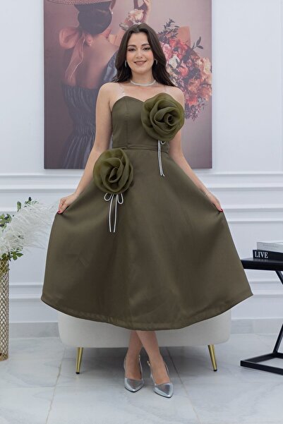 TREN Olive Green Strapless Midi Dress with Rosette Detail & Waist Tie for Women Evening Party Occasions