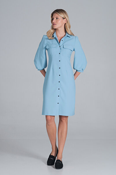 Figl Light blue shirt dress with 3/4 puff sleeves for everyday wear - M849 size L