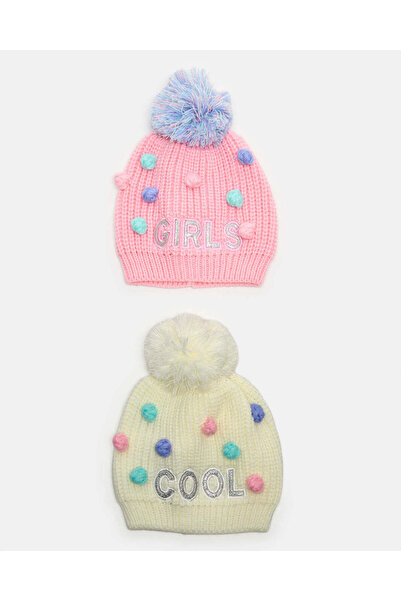 REDTAG مجموعة قبعات محبوكة مزخرفة باللونين الوردي والكريمي للبنات (عبوة من قط...