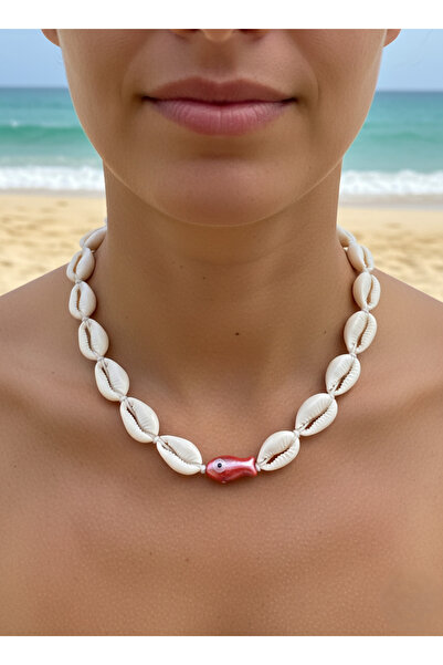 SOFT Doğal Deniz Kabuğu Kolye Balık Figürlü Nazar Boncuklu Choker Bohem Kolye
