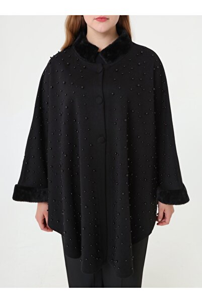 ALİA Pearl Cape Poncho with Fur Detail on Sleeves and Collar - Black -