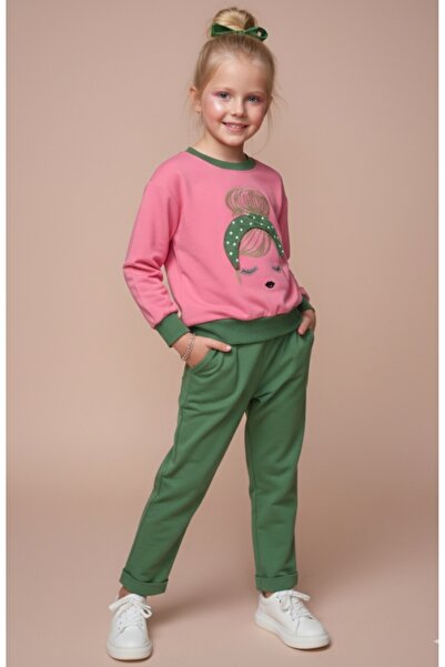 Moonstar Girl's Embossed Embroidery Beading Sweatshirt Front Belt Back Elasticated Sweatpants with Pockets Pants Set