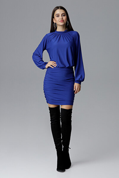 Figl Rochie mini elegantă de culoare safir cu volane și mâneci lungi - M635 m...