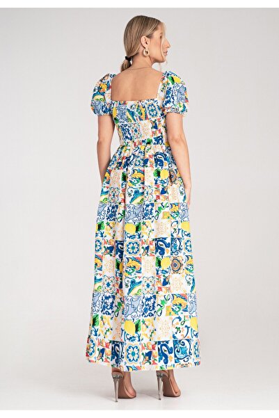 Figl Dress with square neckline and puff sleeves - Blue dress M1187 size L/XL