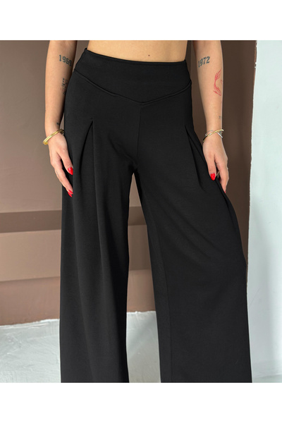 winmoda Soft Textured Front Plied Pants - Modal Fabric Wide Pants with Front Plied