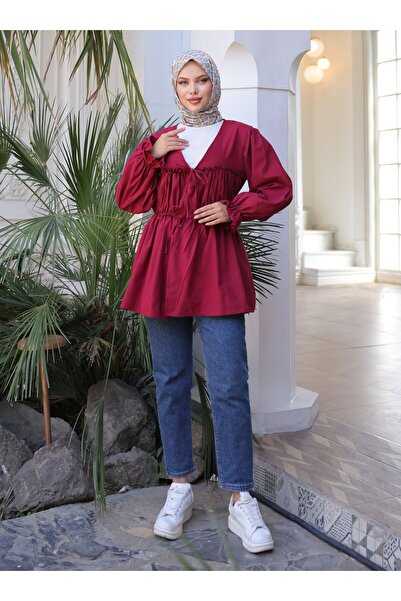 Nergis Neva Butik Elastic Waist Tie Kimono Tunic - Burgundy - Nergis Neva