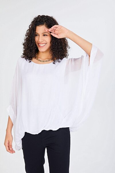 della moor Women's White Italian Bat Sleeve Sequin Detailed Silk Blouse