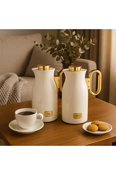 LALOZA ✨ Luxury 2-piece thermos set – glossy white with gold handle | For tea and coffee (1 liter) ✨