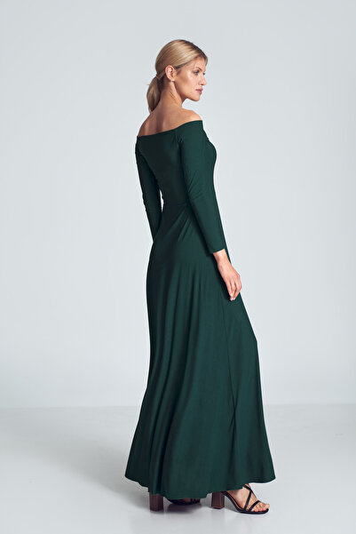 Figl Elegant green maxi dress with bare shoulders and long sleeves - M707 size L
