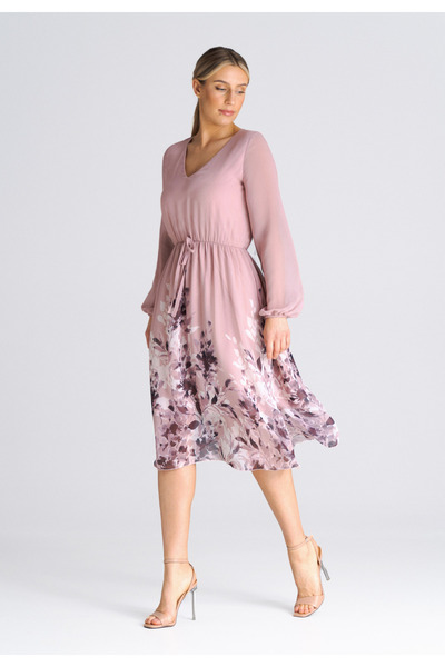 Figl Rochie midi evazată - rochie roz cu mâneci bufante M939 mărimea XL