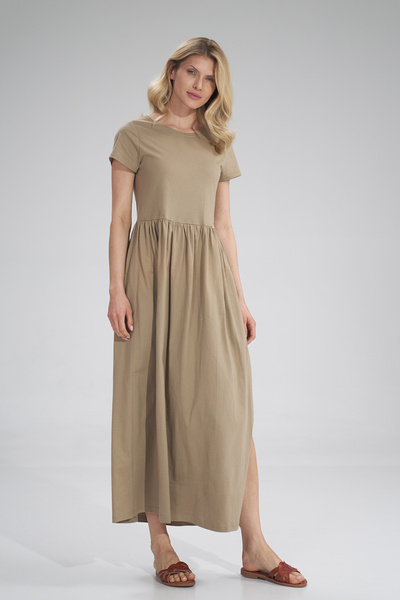 Figl Long beige cotton dress with Slit - M787 size XL