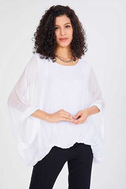 della moor Women's White Italian Bat Sleeve Sequin Detailed Silk Blouse