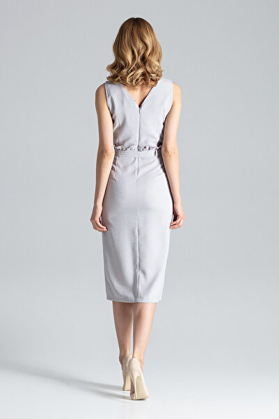 Figl Elegant gray midi dress with belt and V-neck - M633 size XL