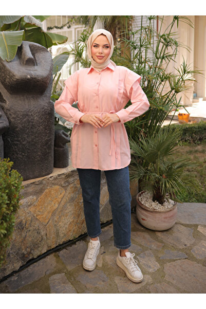 Nergis Neva Butik Tunic with Handles on the Sides and Ribbed Front - Powder - Nergis Neva