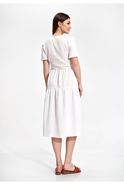 Figl White cotton midi dress for summer - muslin dress M872 size S