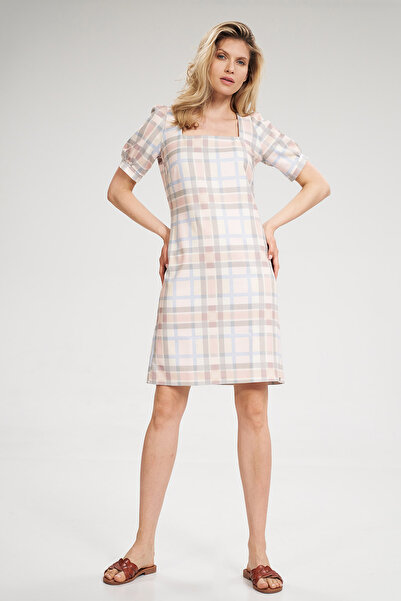 Figl Checkered summer mini dress with square neckline - M704 size L