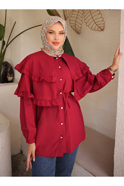 Nergis Neva Butik Double Caped Tunic - Burgundy - Nergis Neva