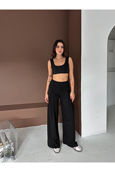 winmoda Soft Textured Front Plied Pants - Modal Fabric Wide Pants with Front Plied