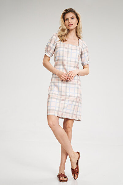 Figl Checkered summer mini dress with square neckline - M704 size L