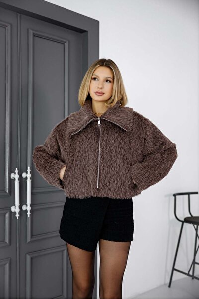 Milamia Women's Alpaca Fur Faux Fur Zippered Wide Collar Biker Coat