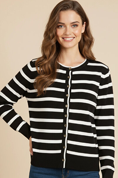 cemo Basic Buttoned Striped Long Sleeve Slim Knitwear