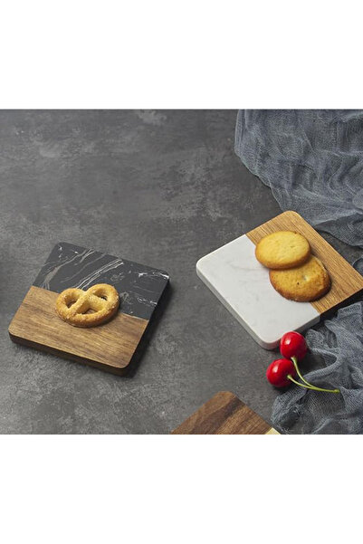 SanDonna Set of 4 square black glass coasters, made of marble and wood,