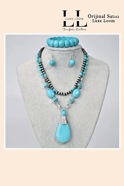 Luxe Loom Zarafetin Işıltısı Women's Blue Gray Vintage Non-Tarnish Necklace Earrings Bracelet Set 001
