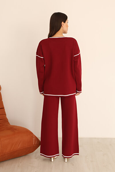 ALCHON Crew Neck Long Low-Sleeve Striped Basic Sweater Slit Waist-Lined Pants Two-Piece Knitwear Set