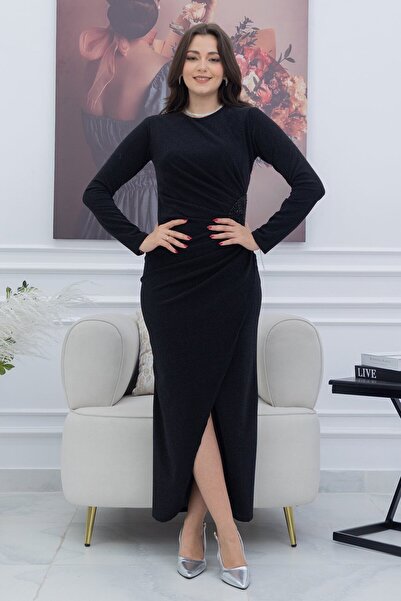 TREN Elegant Shimmer Maxi Dress with Embellished Brooch Detail Long Sleeve Formal Evening Gown