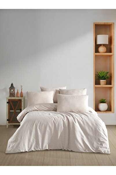 PERLE MAİSON Perlemai̇son Double Size Natural Striped Satin Bedding Set'Cream'