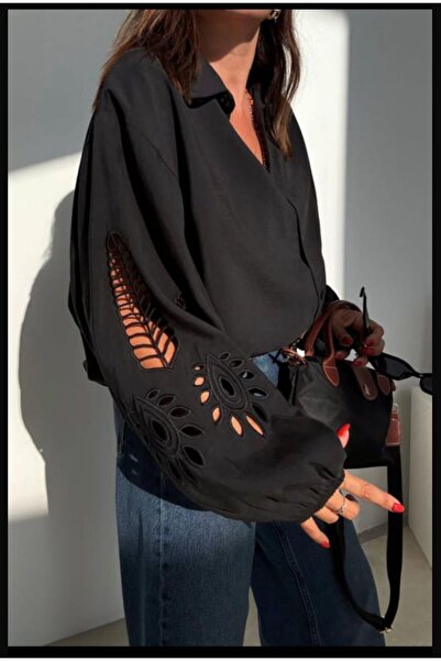Butik kolları nakışlı gömlek siyah