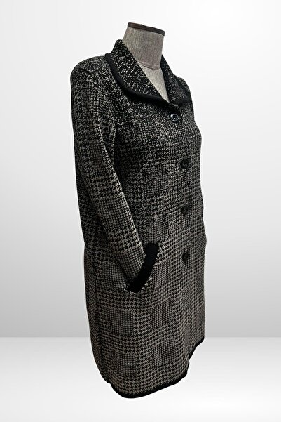 By Saygı Women's Buttoned Front Houndstooth Patterned Large Size Knitwear Coat with Pockets