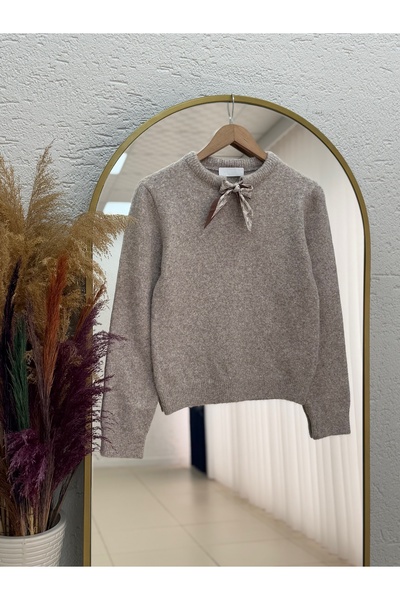 MİHRA STORE Μίνι πλεκτό πουλόβερ με κασκόλ Camina-KR5063 Stone