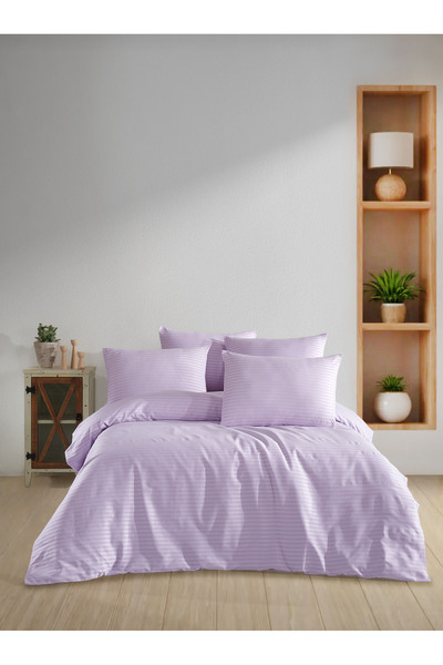 PERLE MAİSON طقم غطاء لحاف من الساتان المخطط الطبيعي مزدوج الحجم من بيرليمايس...