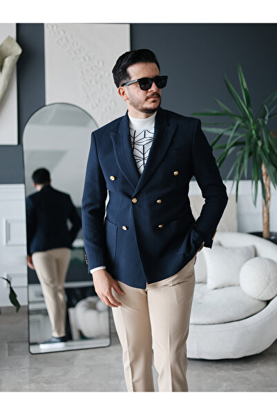 Avni Ceylan Men's Navy Blue Gold Button Textured Double-Breasted Jacket