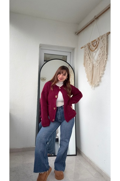 Butik Yuvia Gold Düğmeli Örgü Bordo Hırka