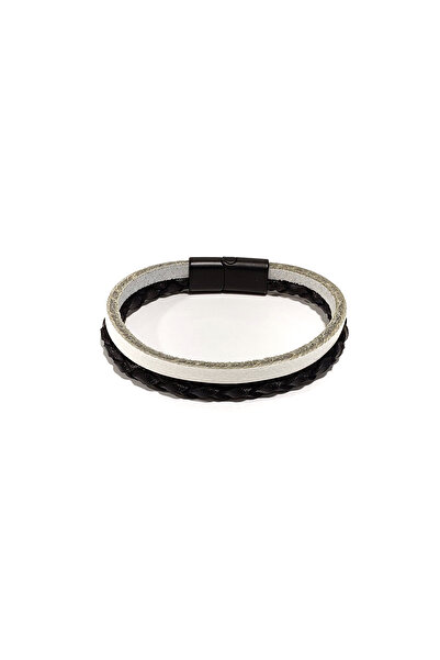 Herşey Nota Mono Combination Black and White Genuine Leather Double Row Men's Bracelet |   Magnetic Metal Buckle Design-1207