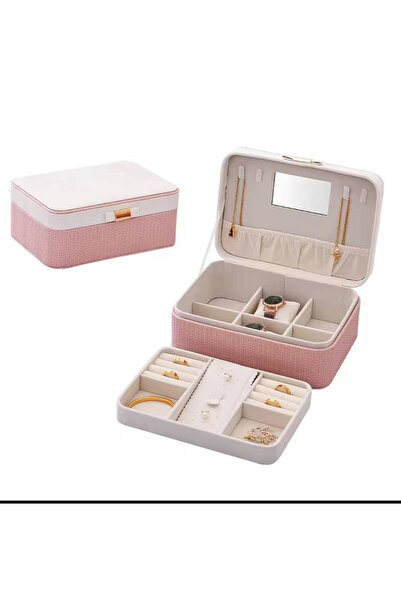 bity thok Elegant pink and white jewelry box with a double compartment and interior mirror