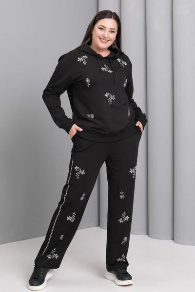 Ebsumu Women's Plus Size Beaded Black Tracksuit Set