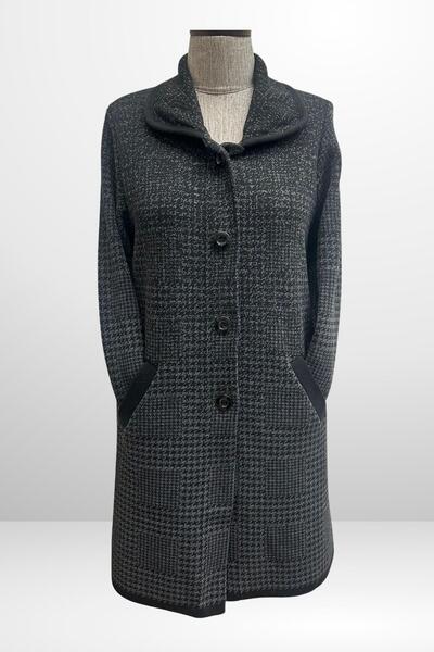 By Saygı Women's Buttoned Front Houndstooth Patterned Large Size Knitwear Coat with Pockets