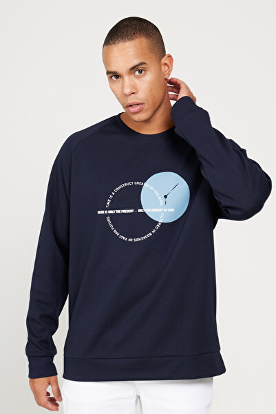AC&Co / Altınyıldız Classics Navy Blue Standard Fit Regular Cut Crew Neck Printed Cotton Sweatshirt