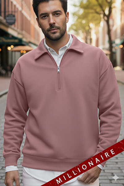 Millionaire Men's Dusty Rose Half Zip Polo Neck 3 Thread Fleece Inside Sweatshirt Fleece-Lined V Oversized Weatshirt