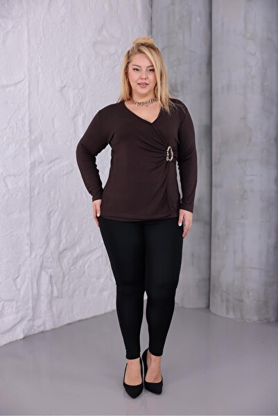 Siyezen Plus Size Double-Breasted Collar Buckle Detailed Blouse