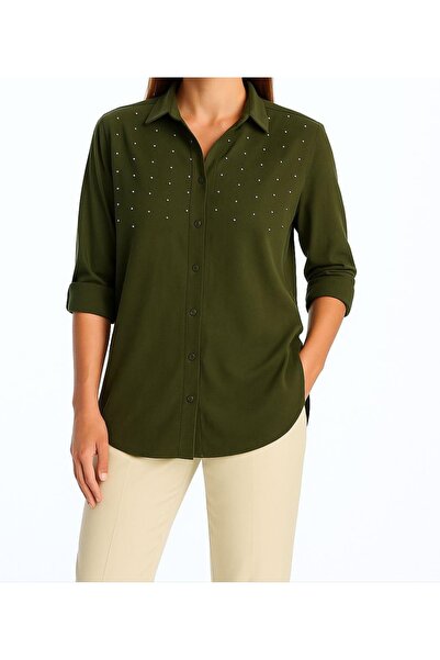 ECR MODA Cămașă verde de damă cu broderie cu mărgele