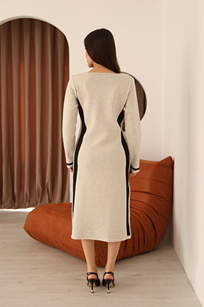 ALCHON Round V-Neck Long Sleeve Jacquard Paneled Striped Stripe Midi Length Below Knee Winter Knitwear Dress