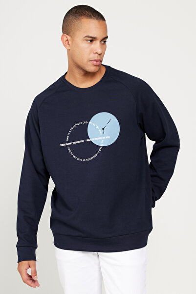 AC&Co / Altınyıldız Classics Navy Blue Standard Fit Regular Cut Crew Neck Printed Cotton Sweatshirt